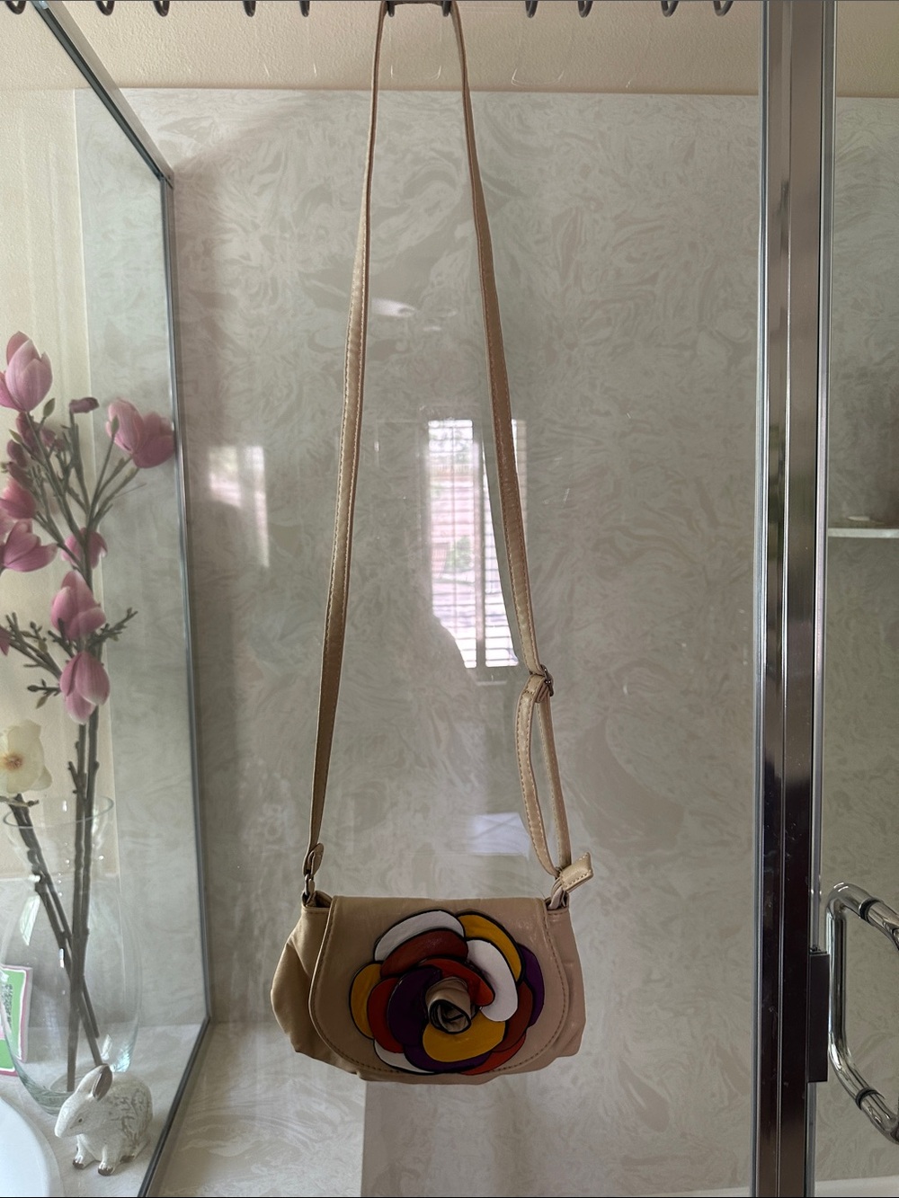 Beige Crossbody Shoulder Bag with Multicolor Floral Applique